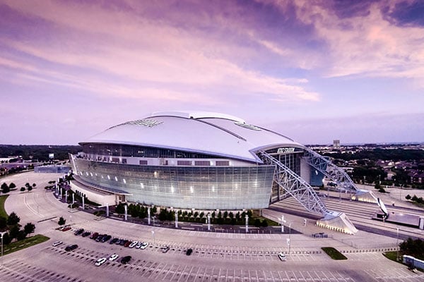 Aerial view of AT&T Stadium and its surrounding grounds