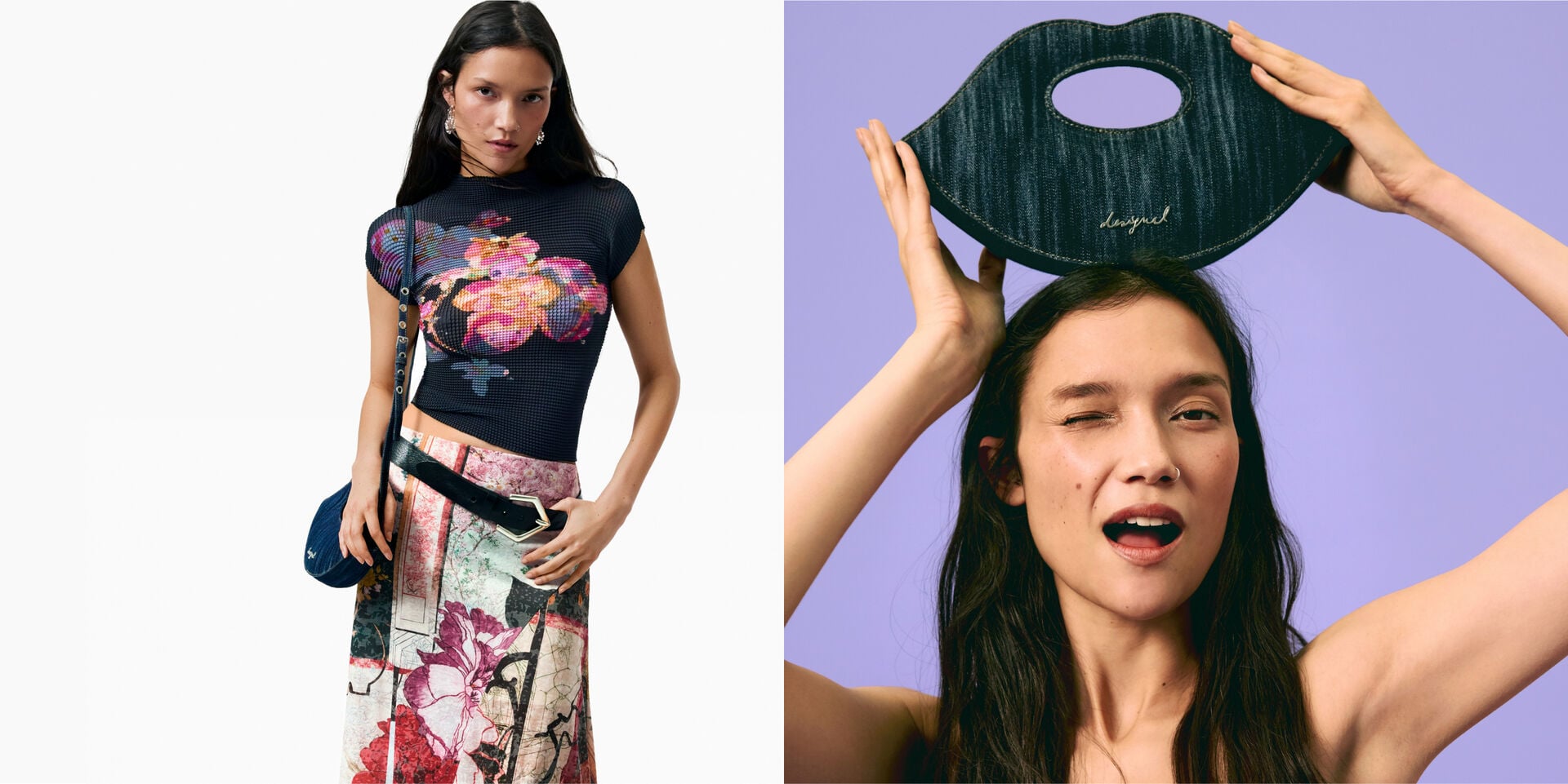 Mannequin présentant des sacs Desigual foncés dans une campagne mode
