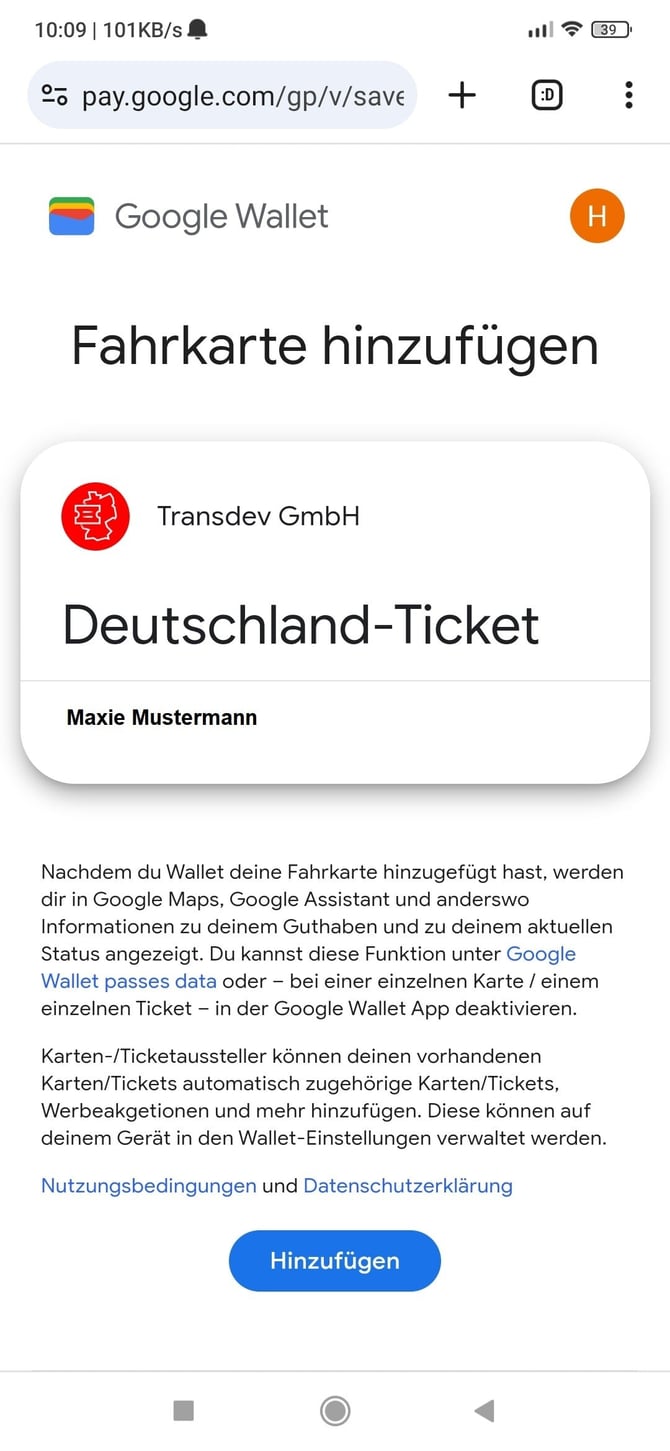 Schritt zum Hinzufügen des Deutschlandtickets in die Wallet