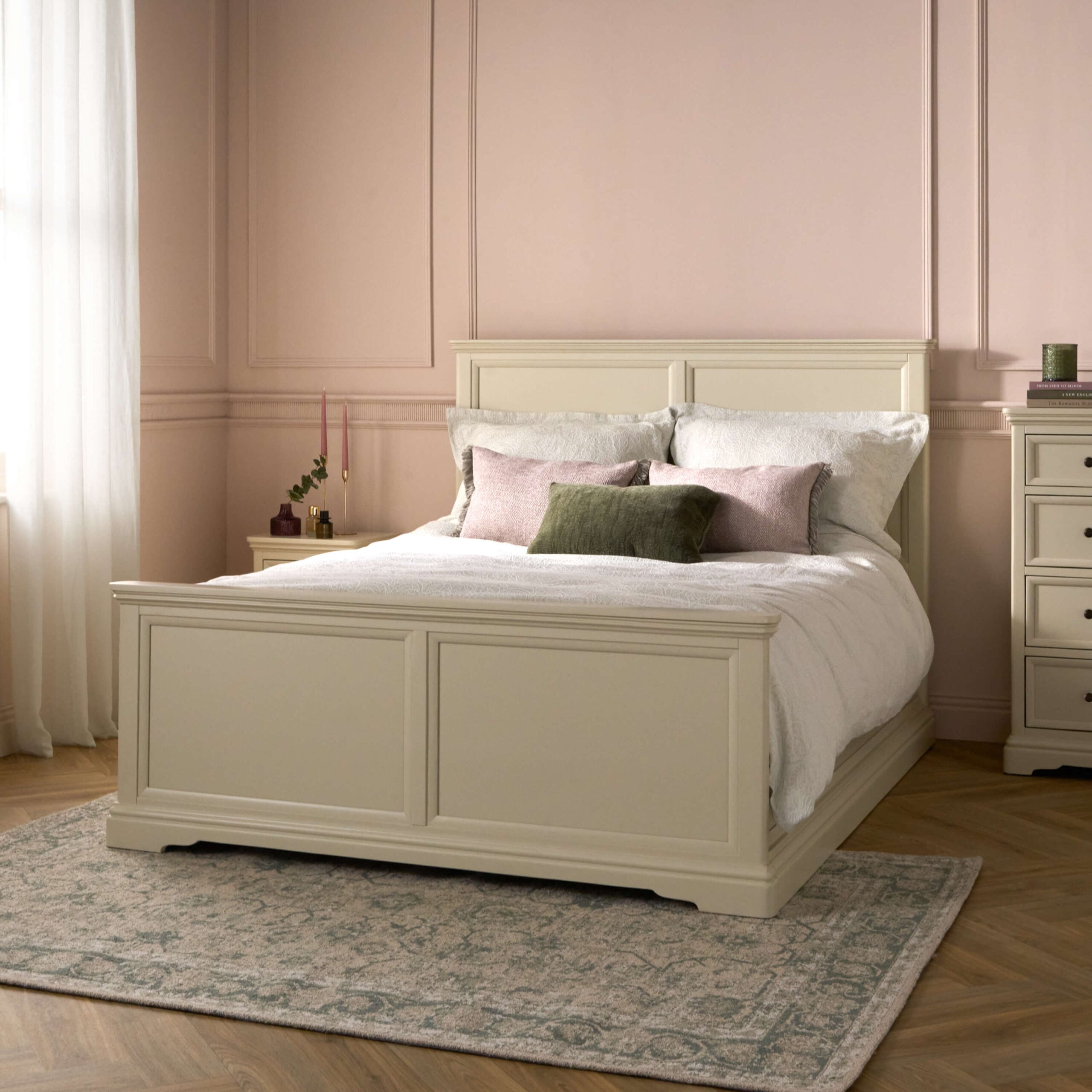 Bordeaux ivory wooden bed in a styled bedroom