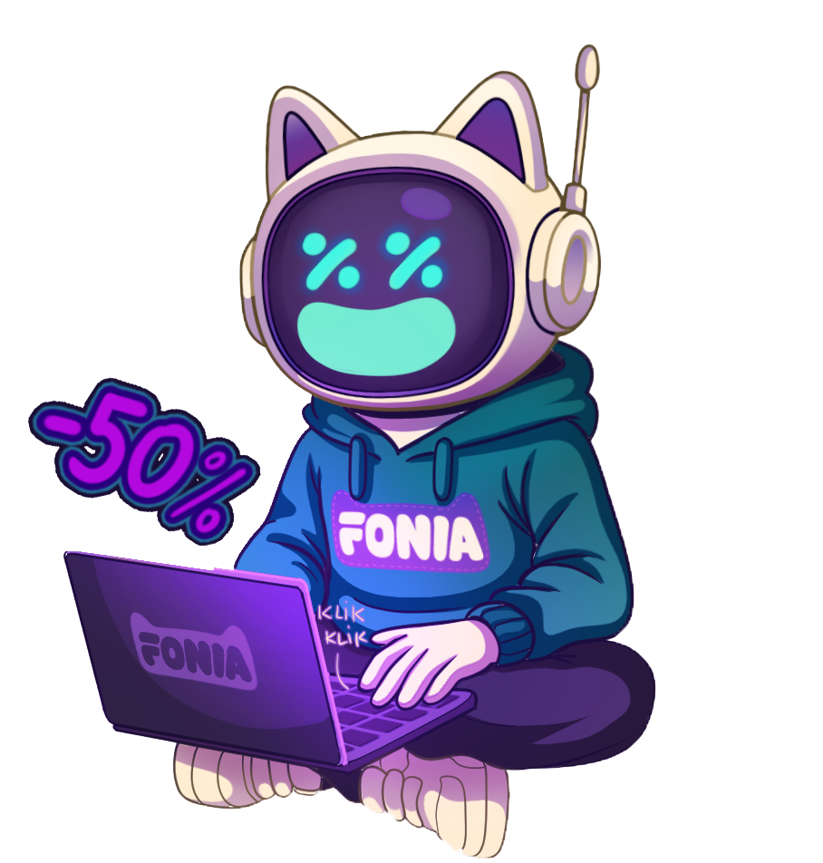 Maskotka Fonia z laptopem w scenie promocyjnej