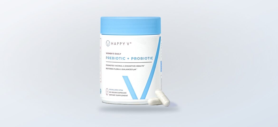 Happy V Prebiotic and Probiotic bottle with capsules