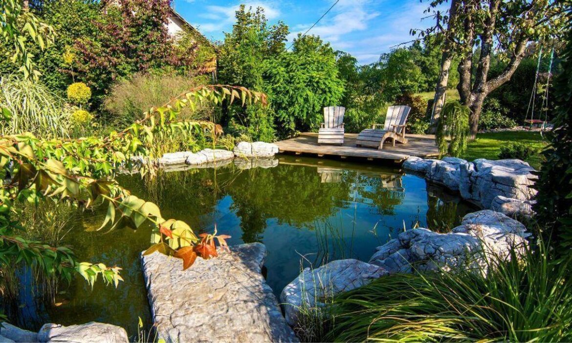 Pond liner in a garden setting