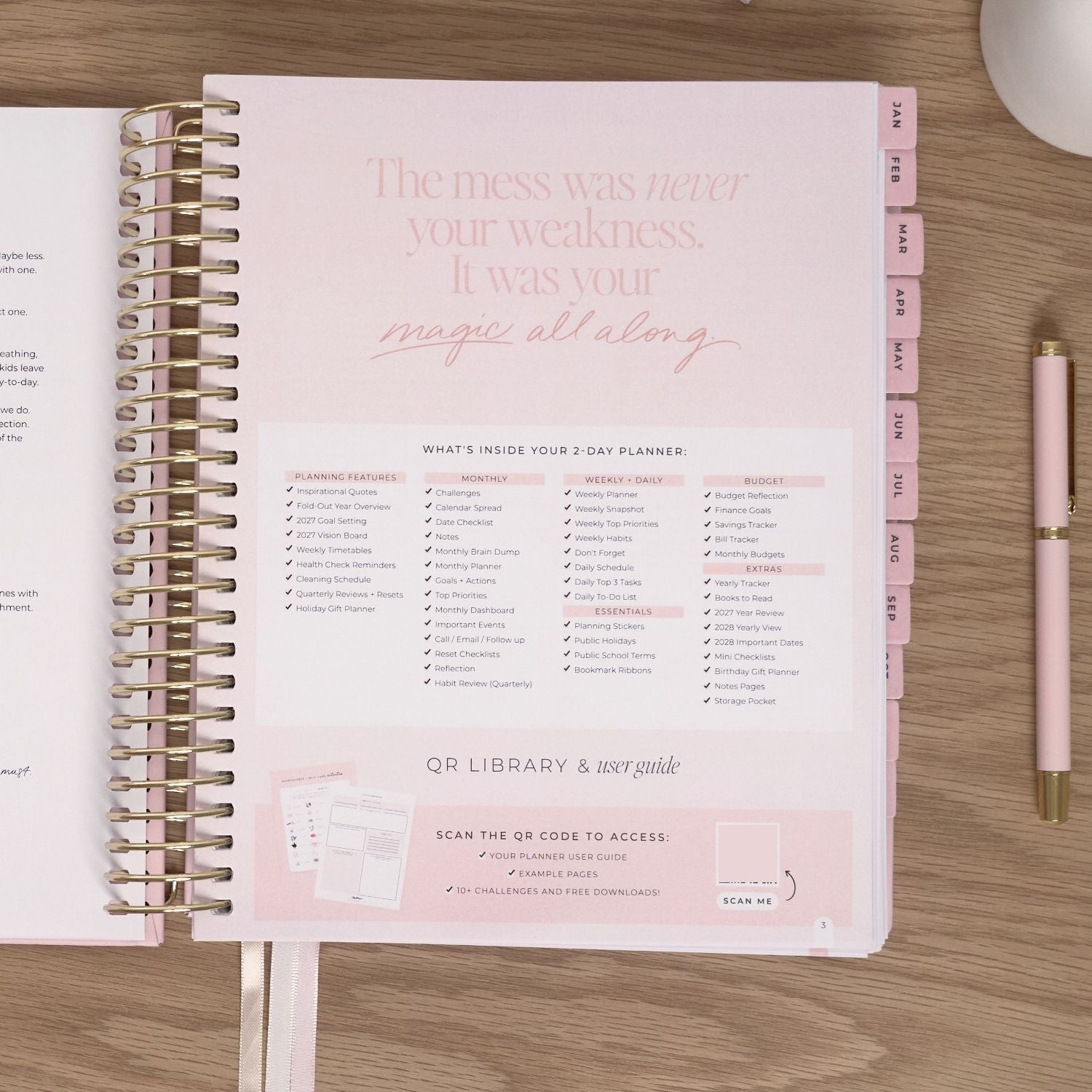 Pages and accessories inside the blush 2027 2-Day Planner