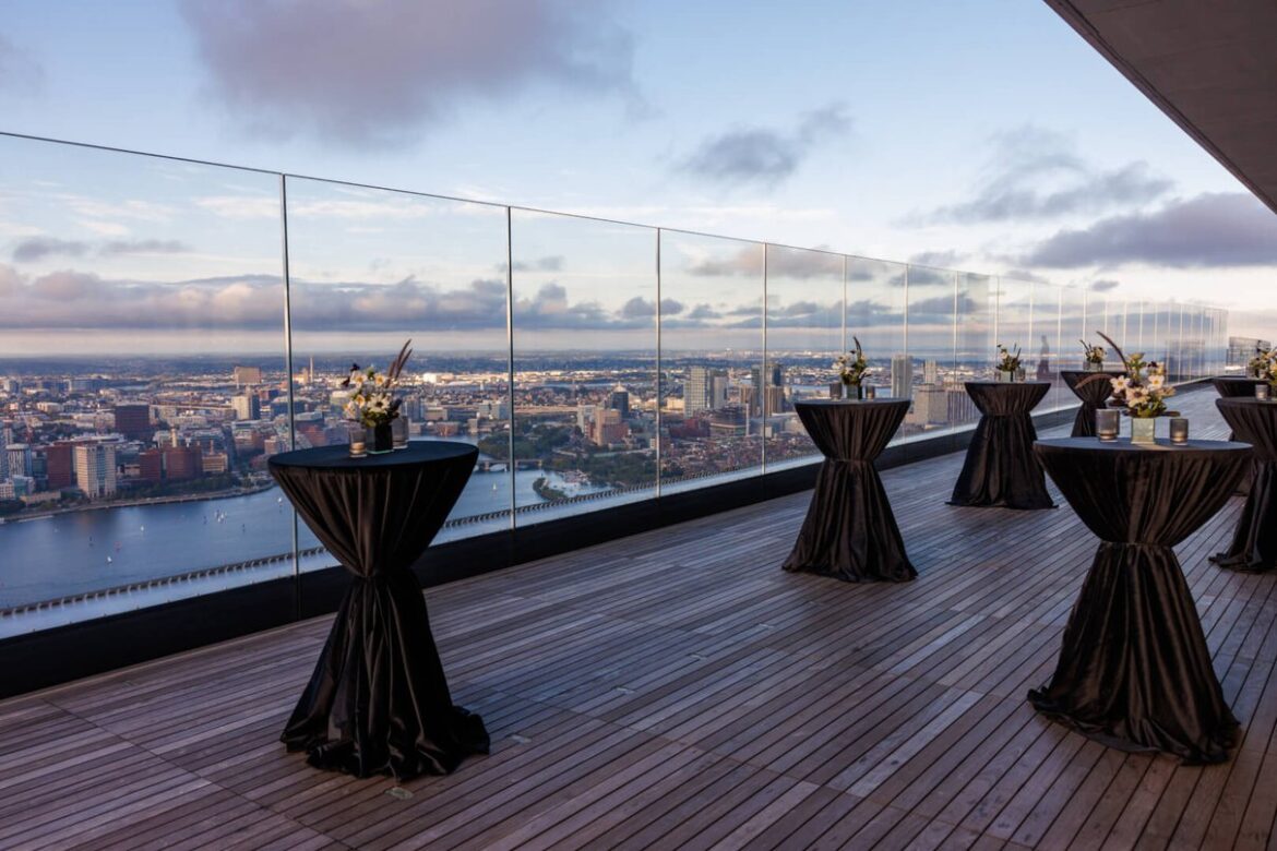 Rooftop cocktail tables with Boston skyline views at View Boston