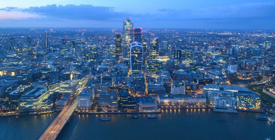 Panoramic London skyline seen from The View from The Shard