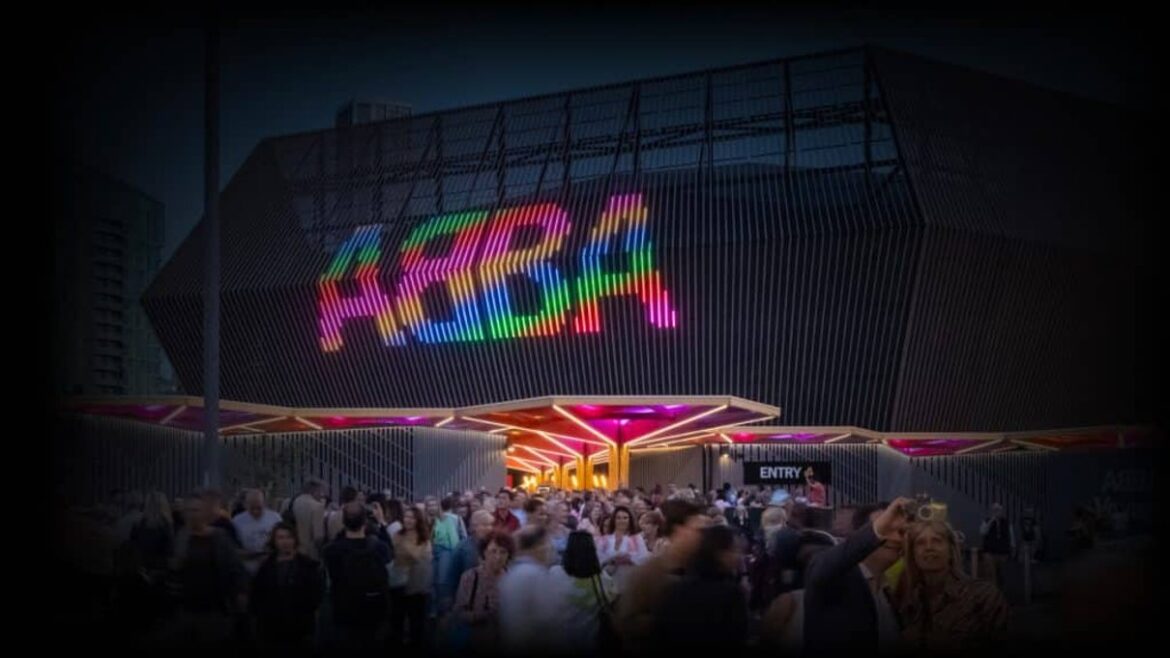 ABBA Voyage arena exterior with a crowd