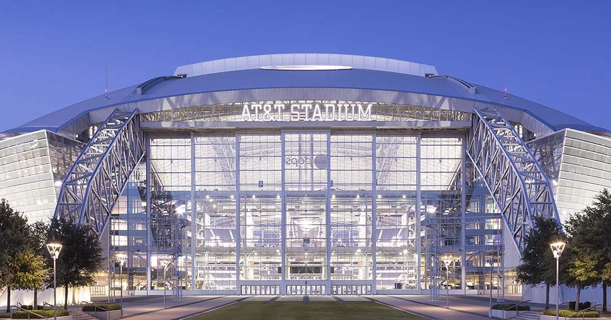 Wide architectural view of AT&T Stadium