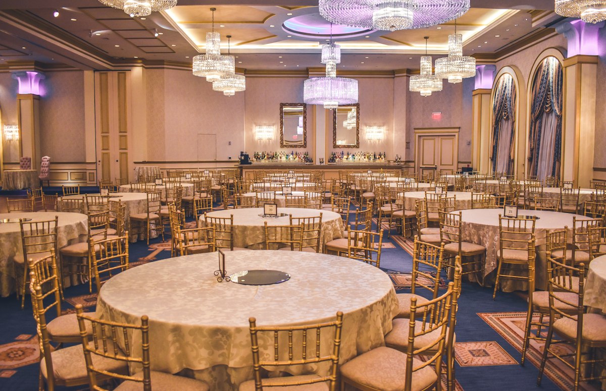 Banquet hall tables prepared for an event