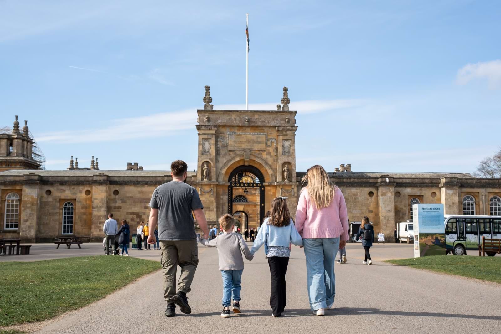 Family approaching the exterior of Blenheim Palace