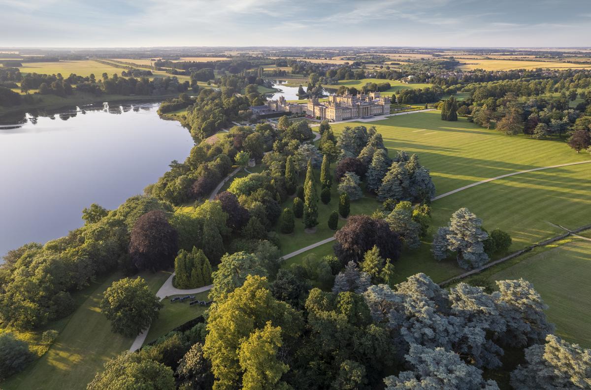 Aerial view of the formal gardens and parkland at Blenheim Palace