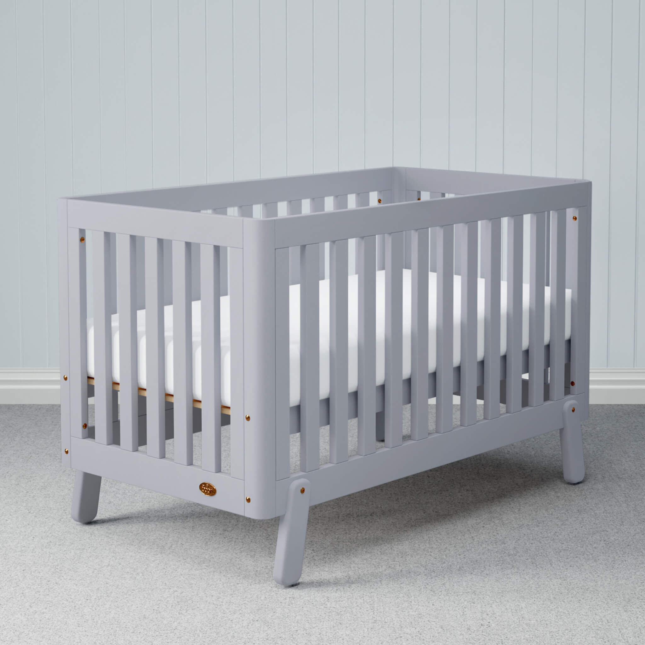 Boori Turin Cot Bed Pebble in a nursery room