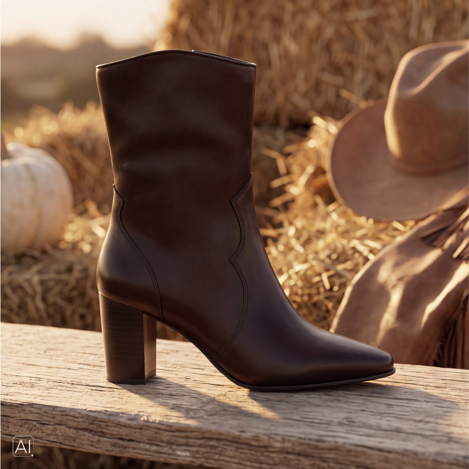Brauner Caprice Westernstiefel auf einer Holzbank mit Hut und Heuballen