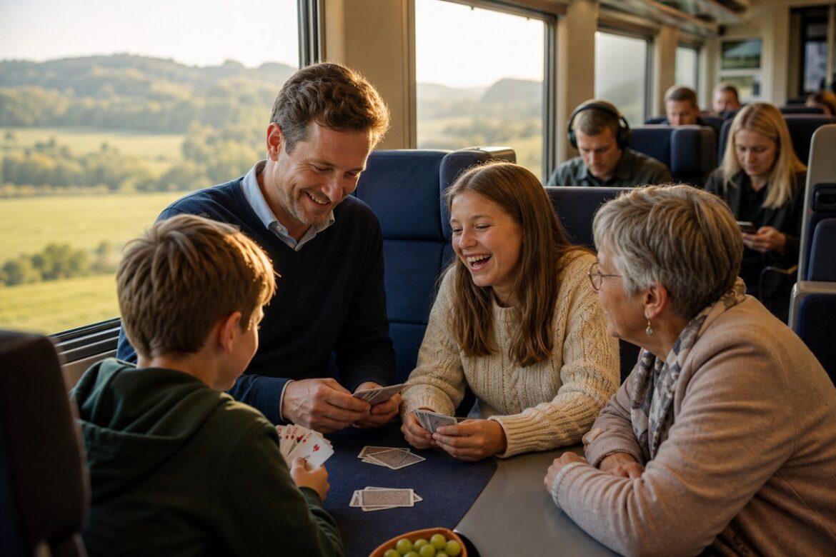 Familie reist gemeinsam im Zug bei warmem Sonnenlicht