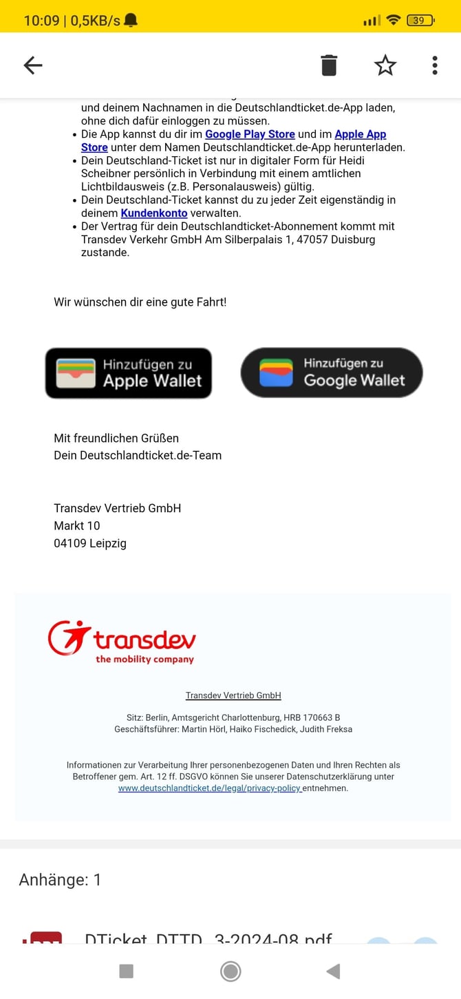 E-Mail mit Link zum Hinzufügen des Tickets zur Wallet