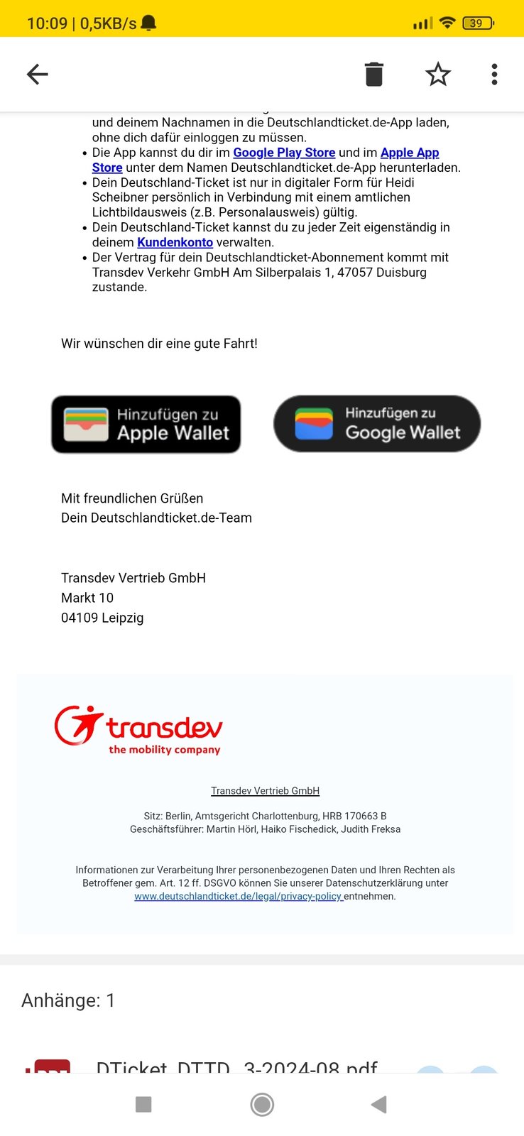 E-Mail mit Schaltflächen zum Hinzufügen des Tickets zur Wallet