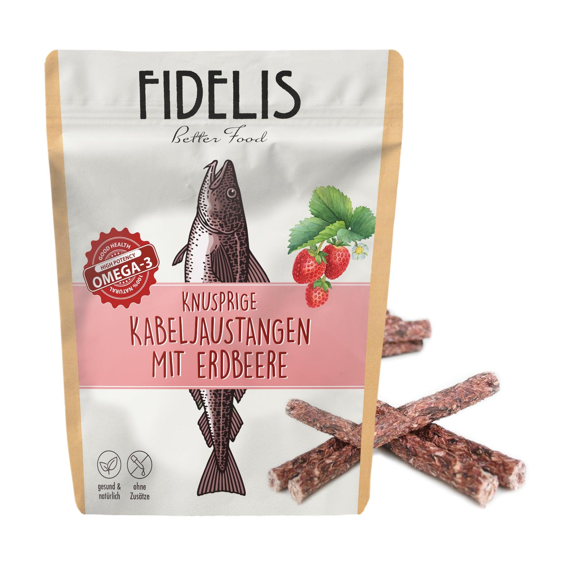 Kabeljaustange mit Erdbeeren als Hundesnack