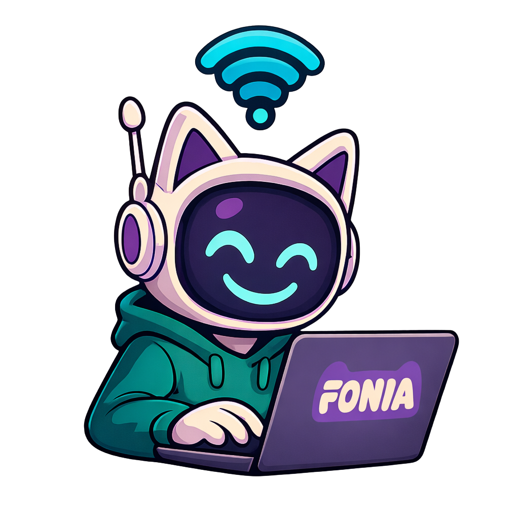 Maskotka Fonia korzystająca z laptopa