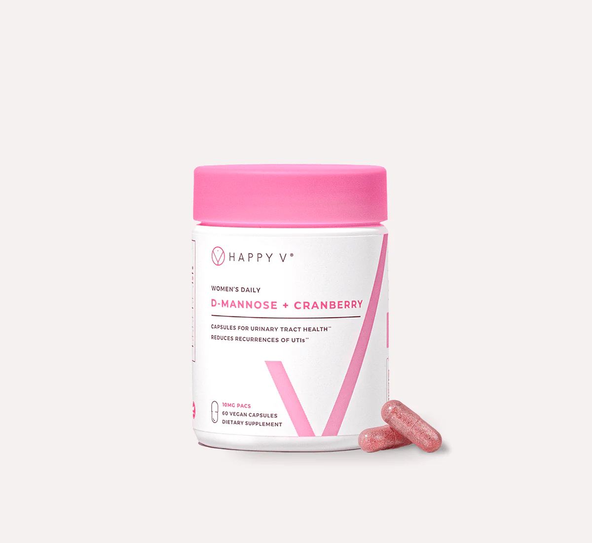 Happy V D-Mannose + Cranberry supplement product on a gray background
