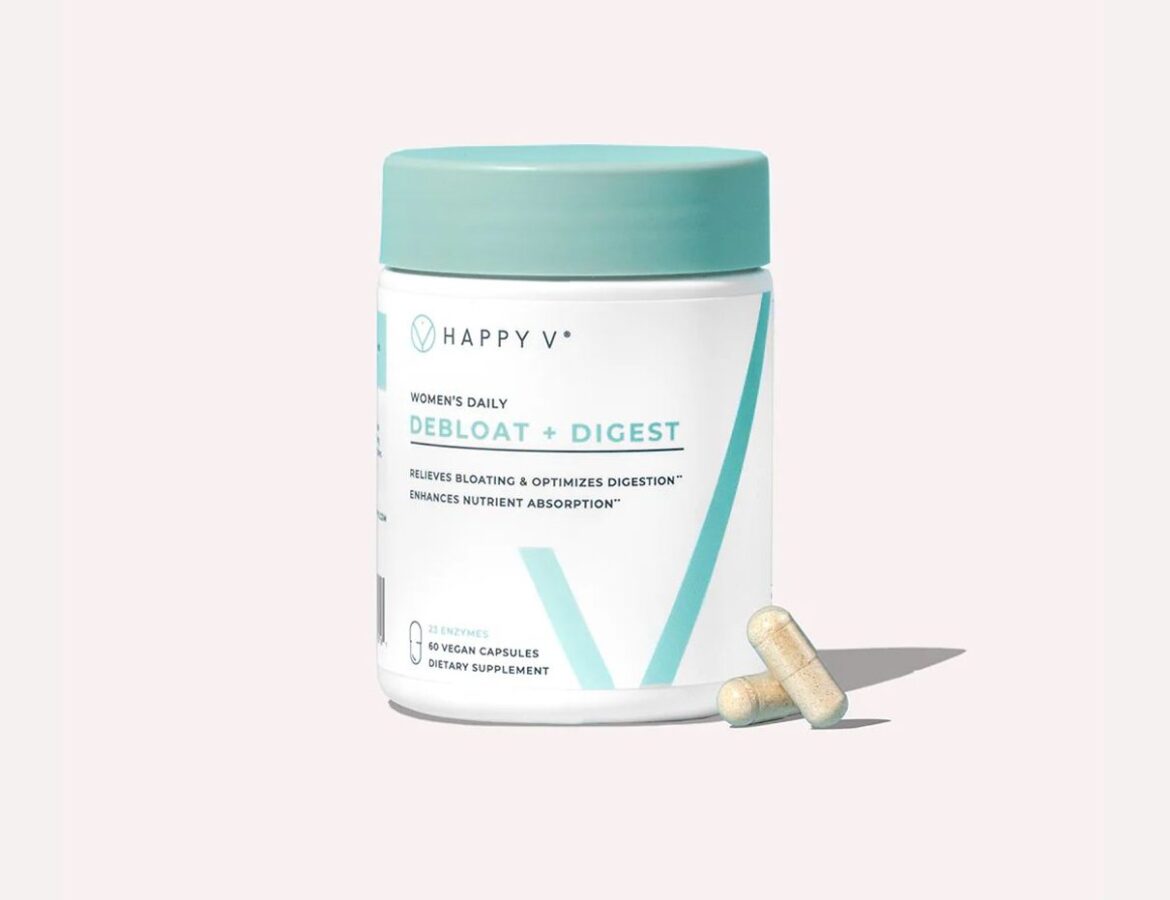 Happy V Debloat + Digest supplement product on a gray background
