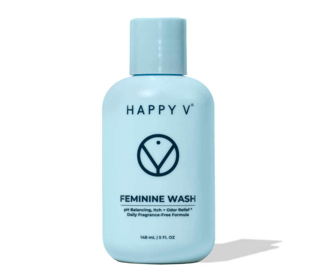 Happy V Feminine Wash bottle with a soft shadow