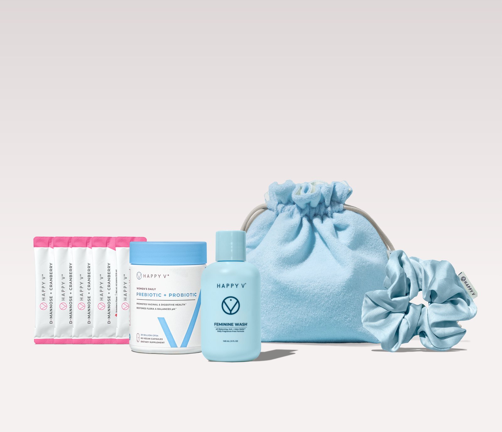 Happy V pH Balance Kit products arranged on a gray background