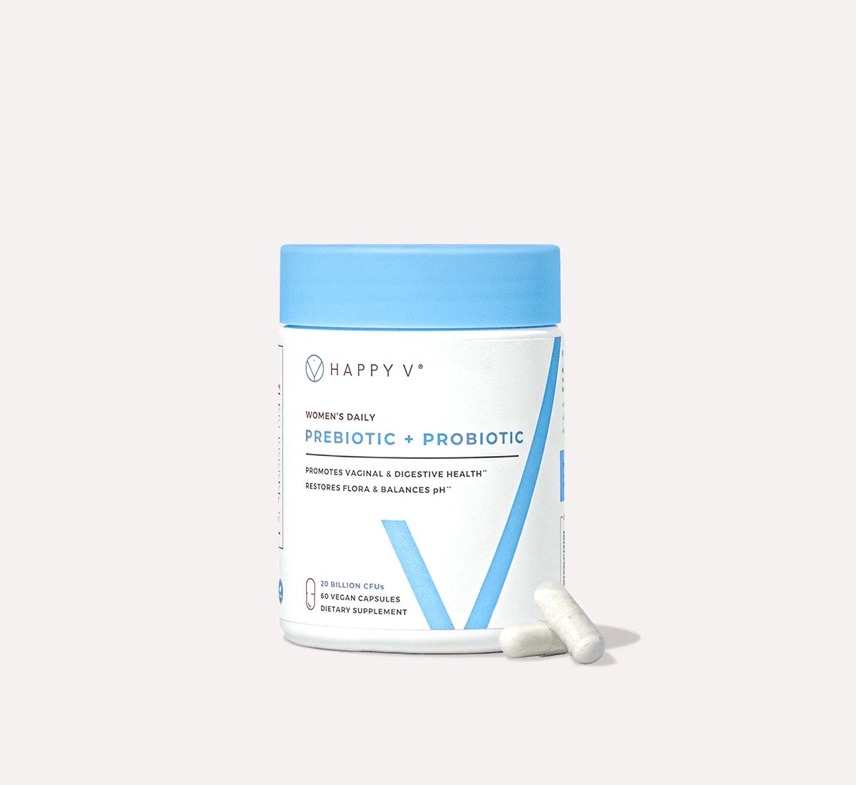 Happy V Prebiotic + Probiotic supplement product on a gray background