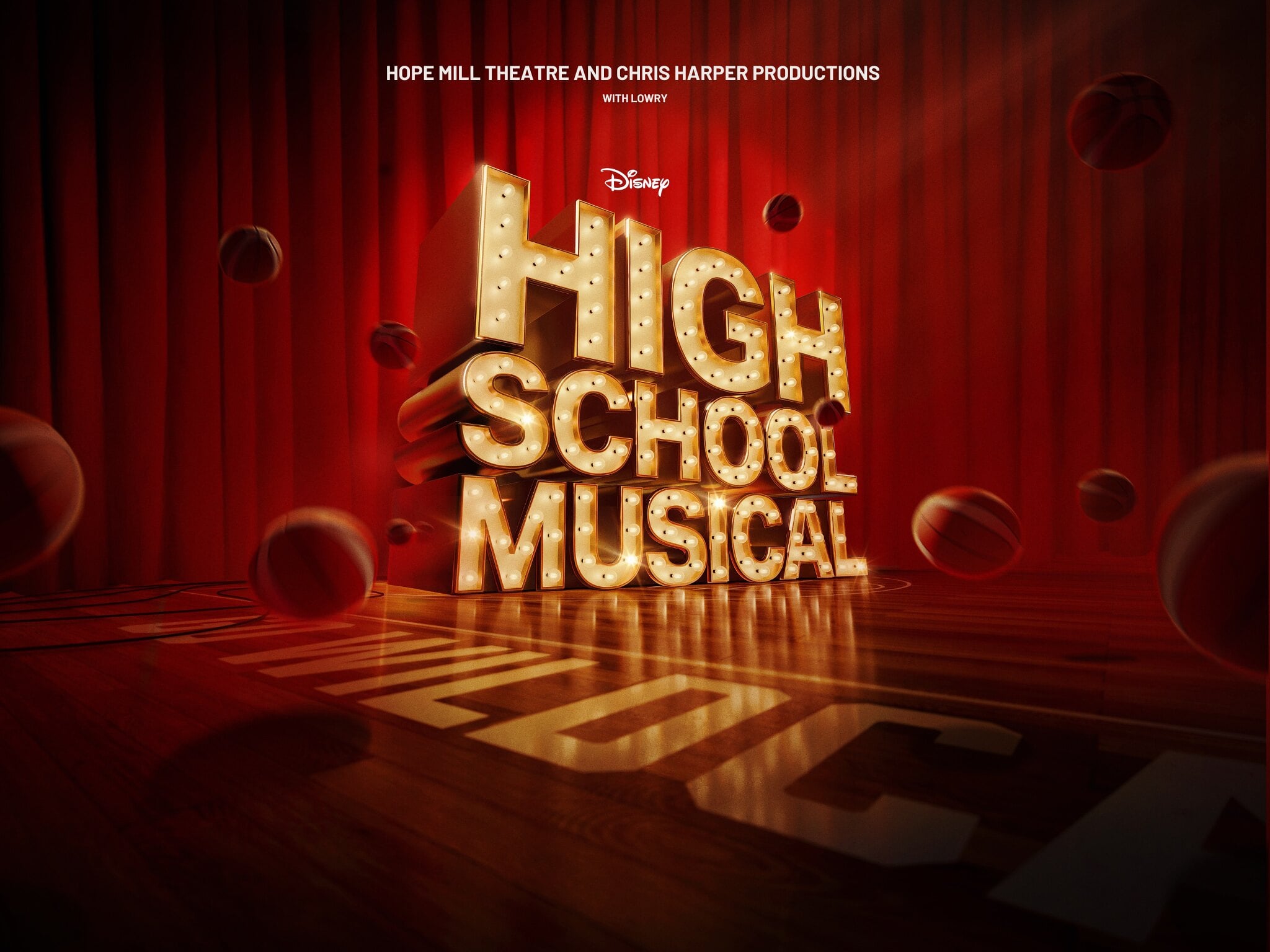 High School Musical stage sign with basketballs