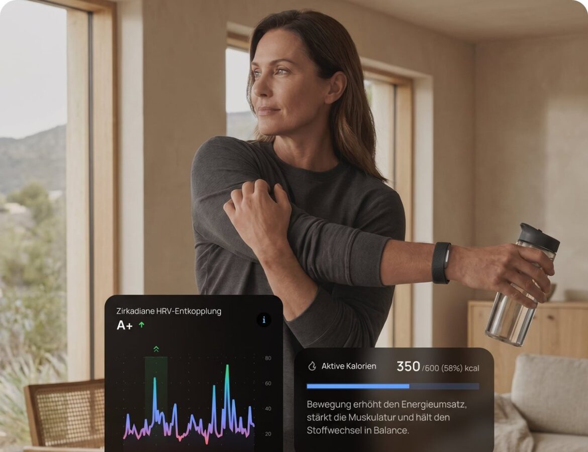 Frau trägt das Hume Health Band 2.0 im Alltag