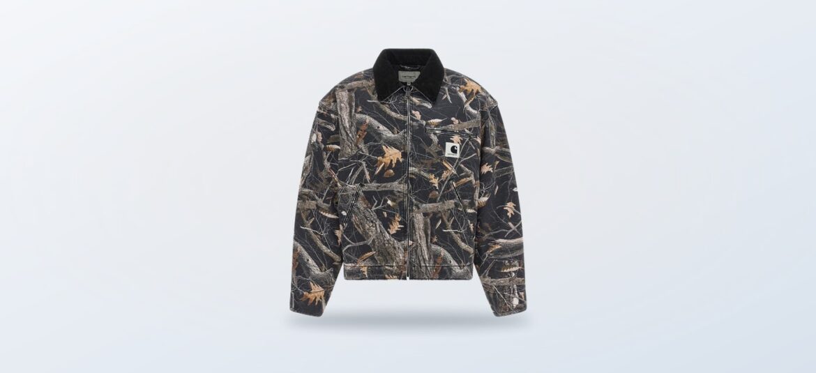 Carhartt OG Detroit camouflage jacket displayed as a single fashion product