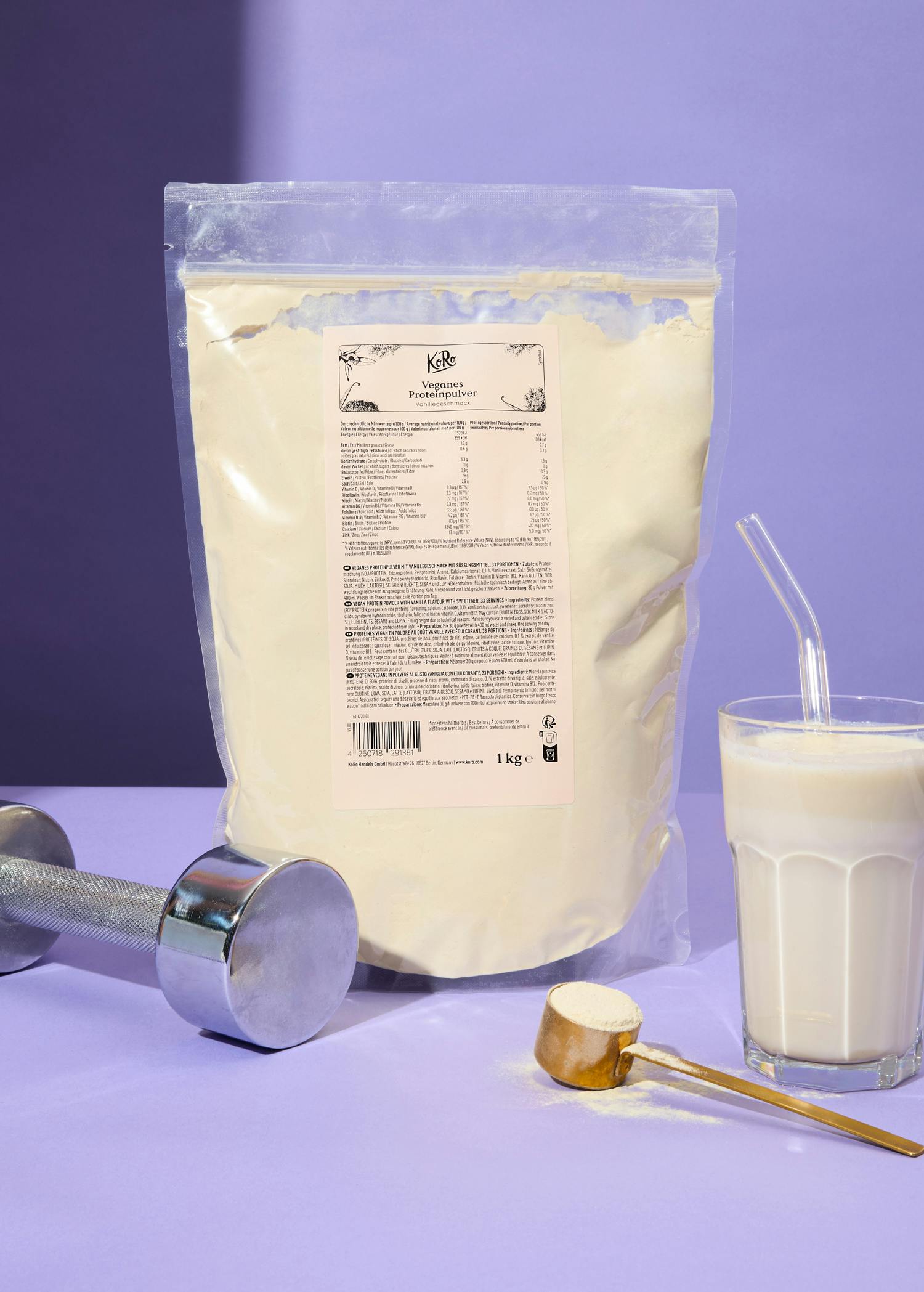 Beutel veganes Proteinpulver Vanille auf hellem Hintergrund