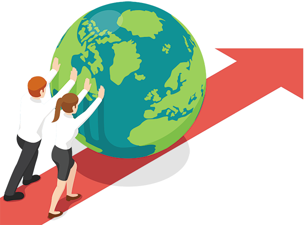 Ilustración de un equipo haciendo crecer un proyecto digital alrededor del mundo