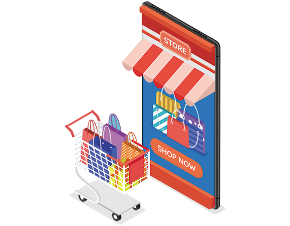 Ilustración de una tienda online en un teléfono con carrito de compra