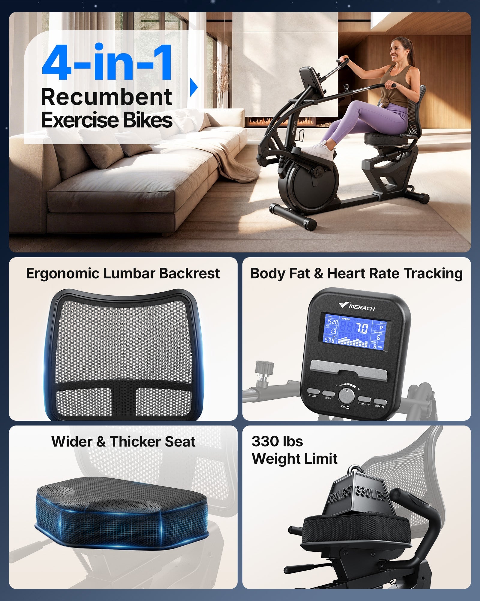 Merach elliptical recumbent exercise bike feature collage