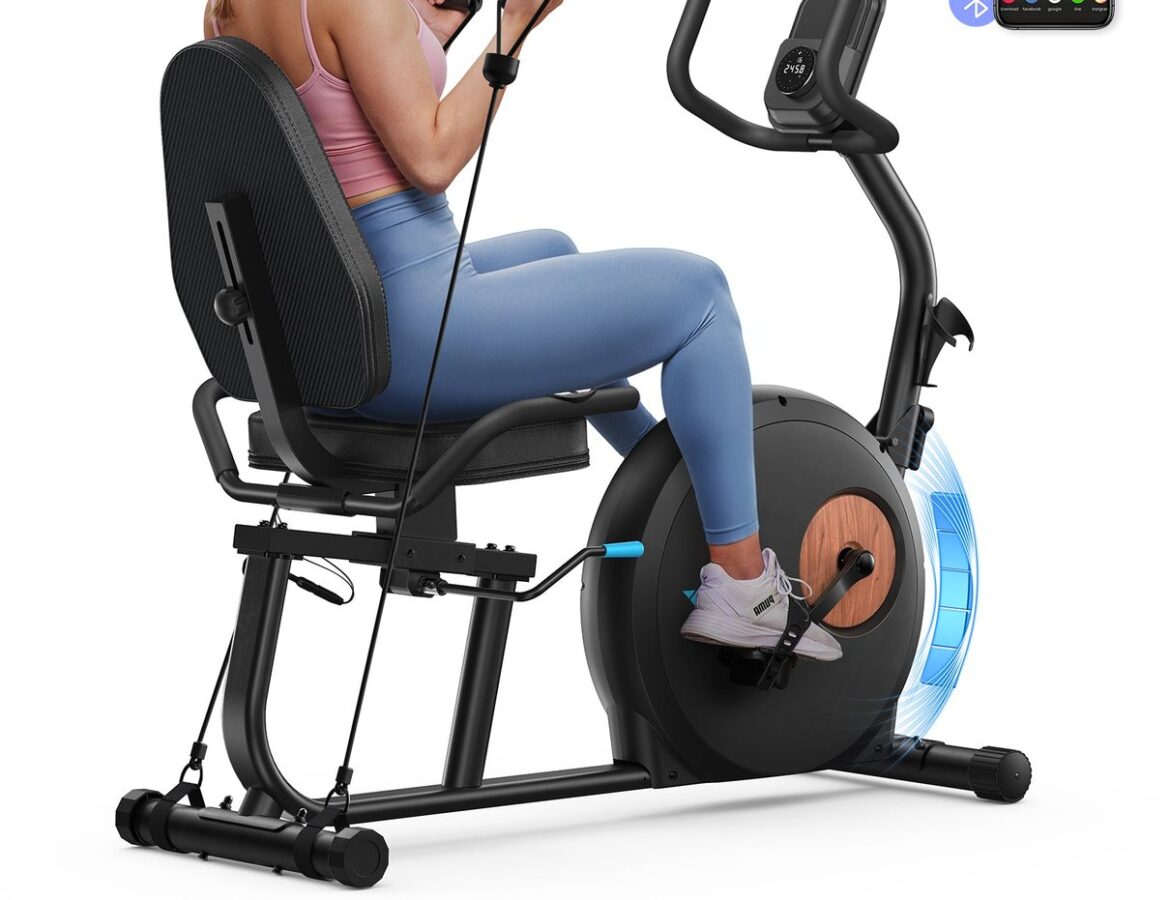 Merach self-powered recumbent exercise bike with resistance bands