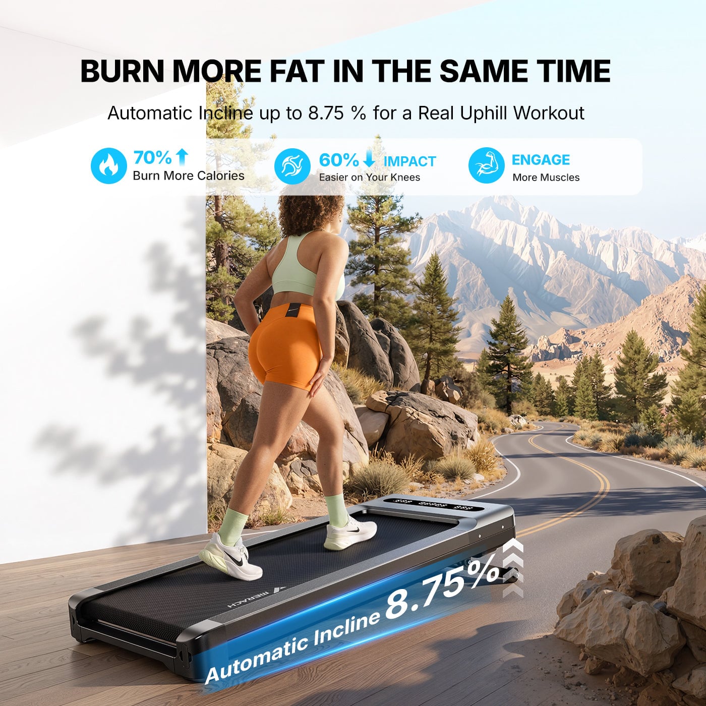 Merach UltraWalk W60 Plus walking pad with automatic incline in a lifestyle scene