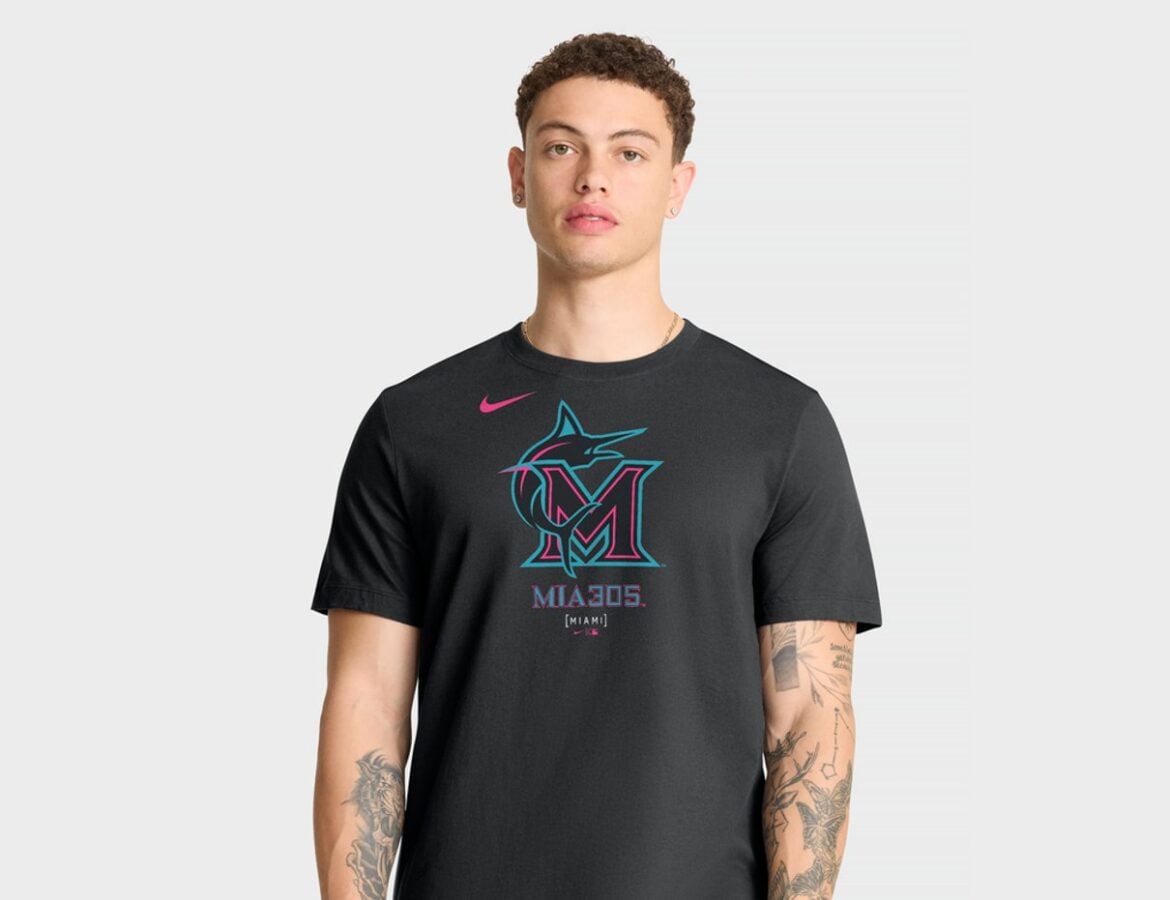 Black Miami Marlins City Connect large logo T-shirt