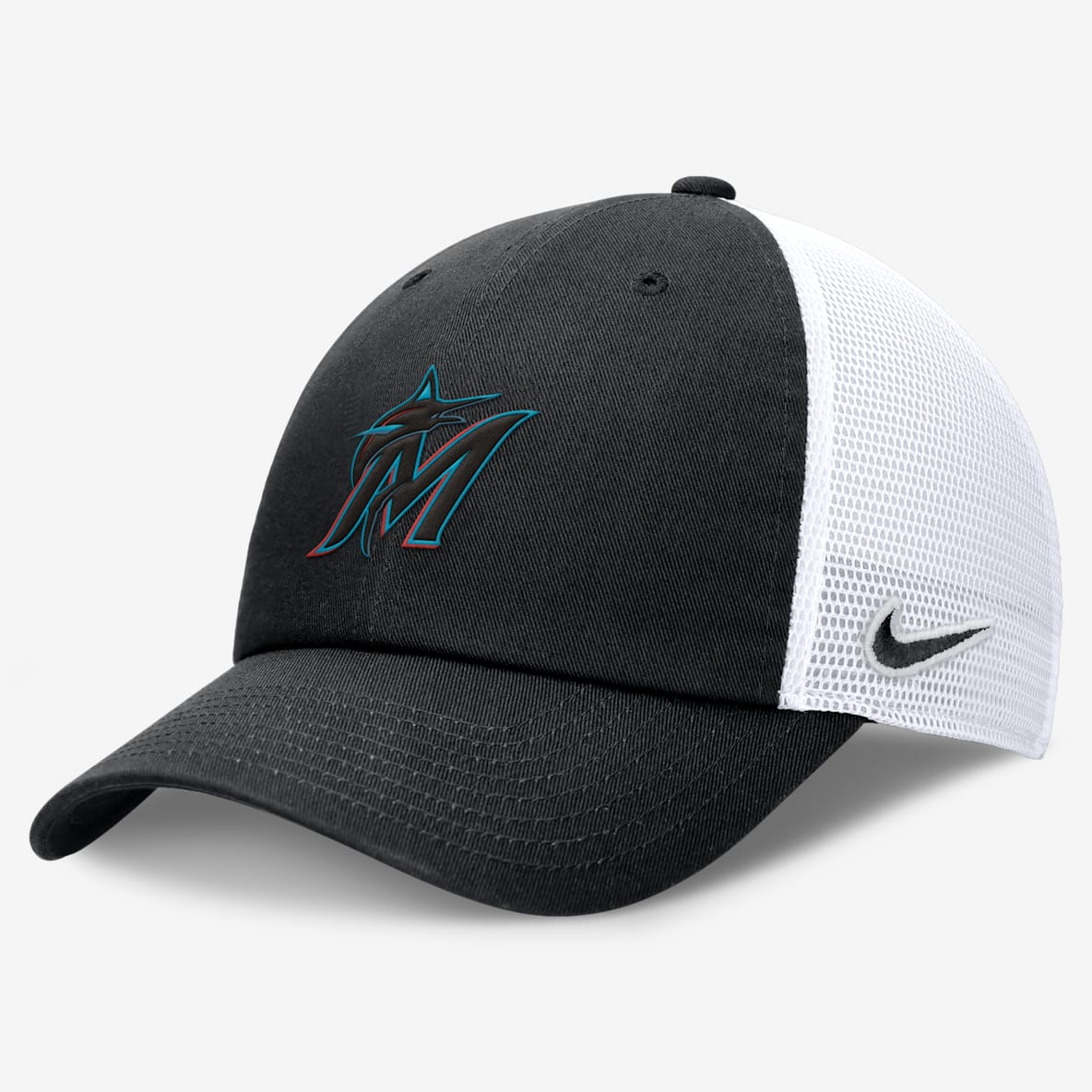 Black and white Miami Marlins Nike trucker hat