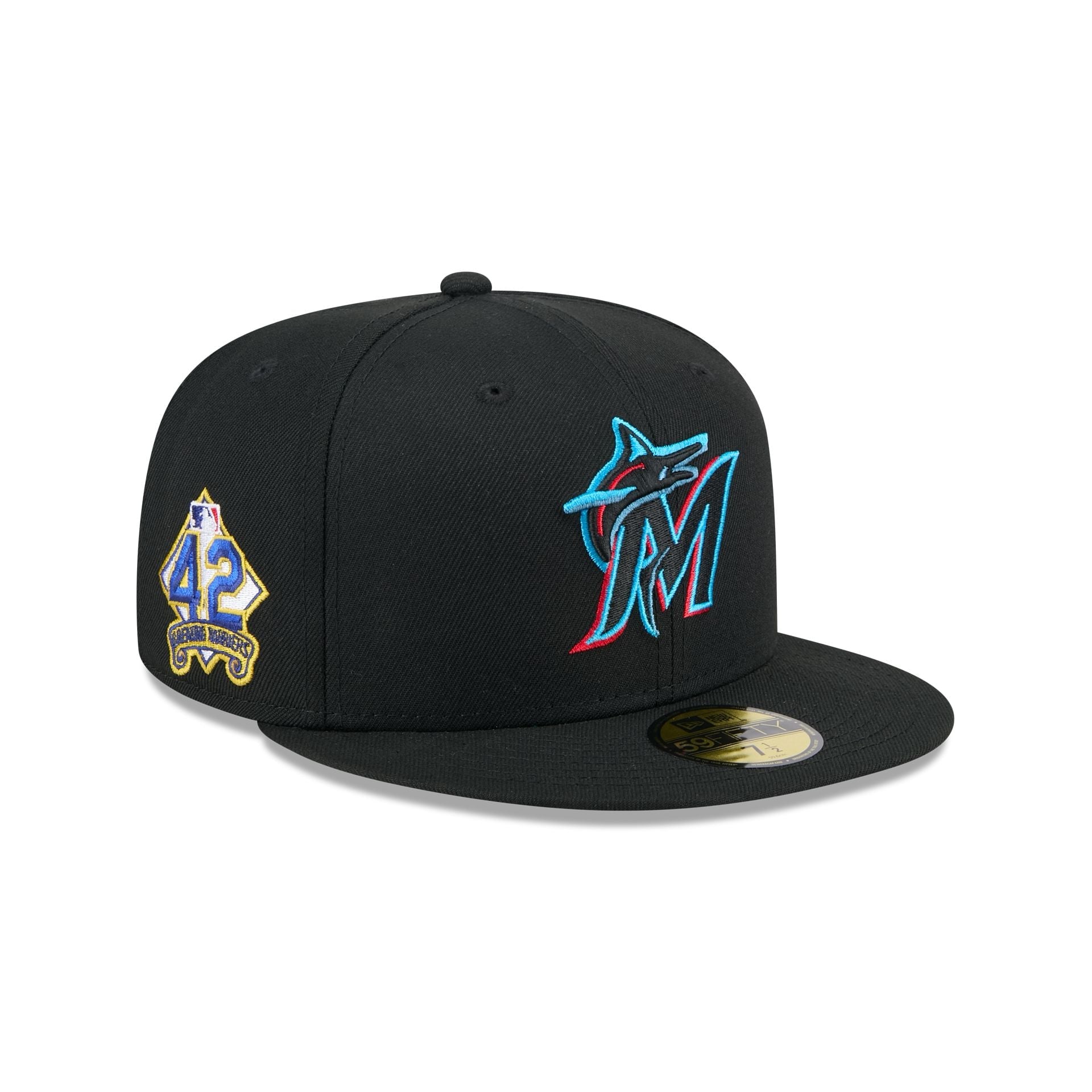 Black Miami Marlins Jackie Robinson Day fitted cap with commemorative patch