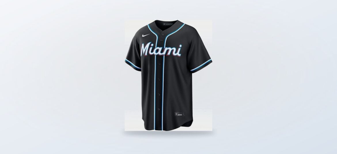 Black Miami Marlins Nike replica fashion jersey with aqua and red trim