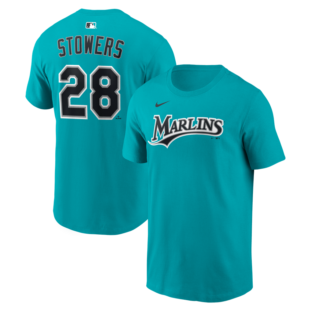 Teal Miami Marlins Kyle Stowers Nike name and number T-shirt