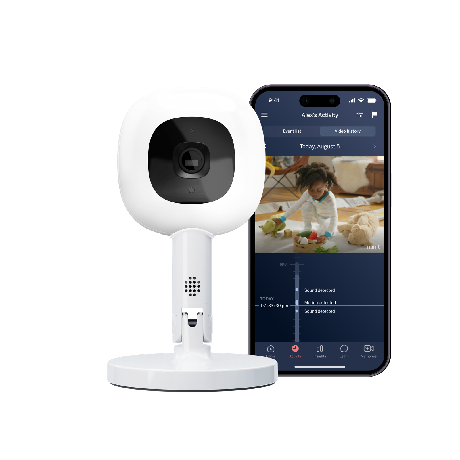 Nanit smart baby monitor on a Flex Stand for portable viewing