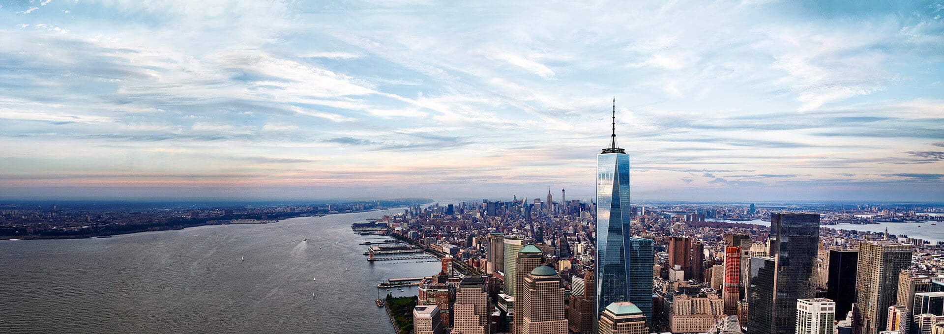 Wide daytime view of Lower Manhattan from One World Observatory