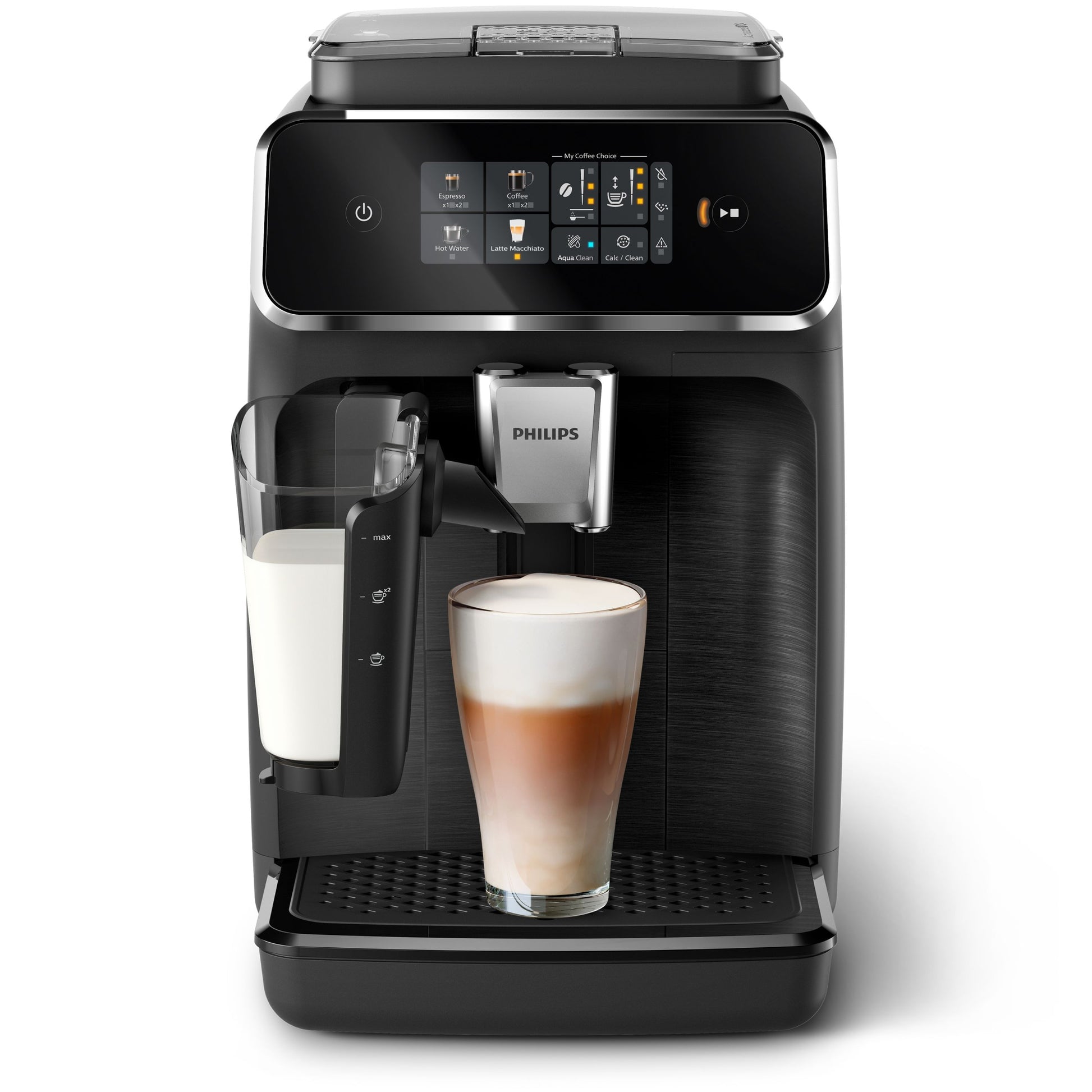 Philips 2300 automatic espresso machine with a glass of latte
