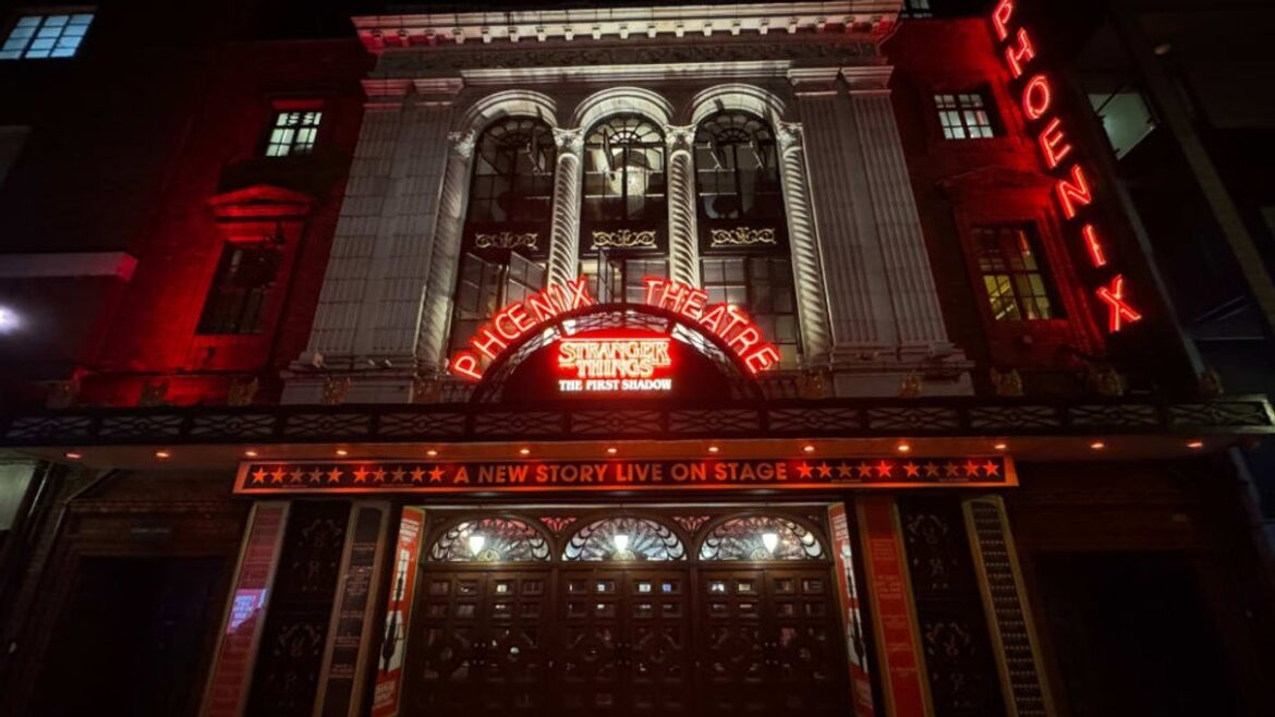 Phoenix Theatre exterior illuminated for Stranger Things: The First Shadow