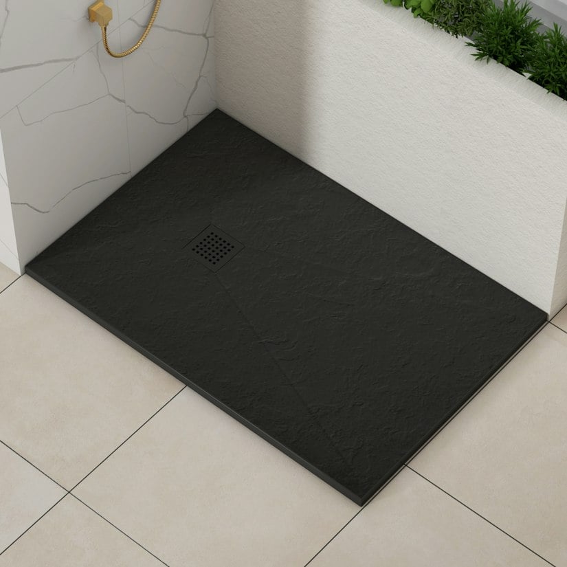 Luxor rectangular black slate effect shower tray with black grate