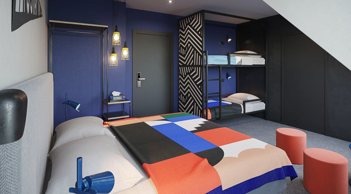 Family Room de The Social Hub con literas y detalles coloridos