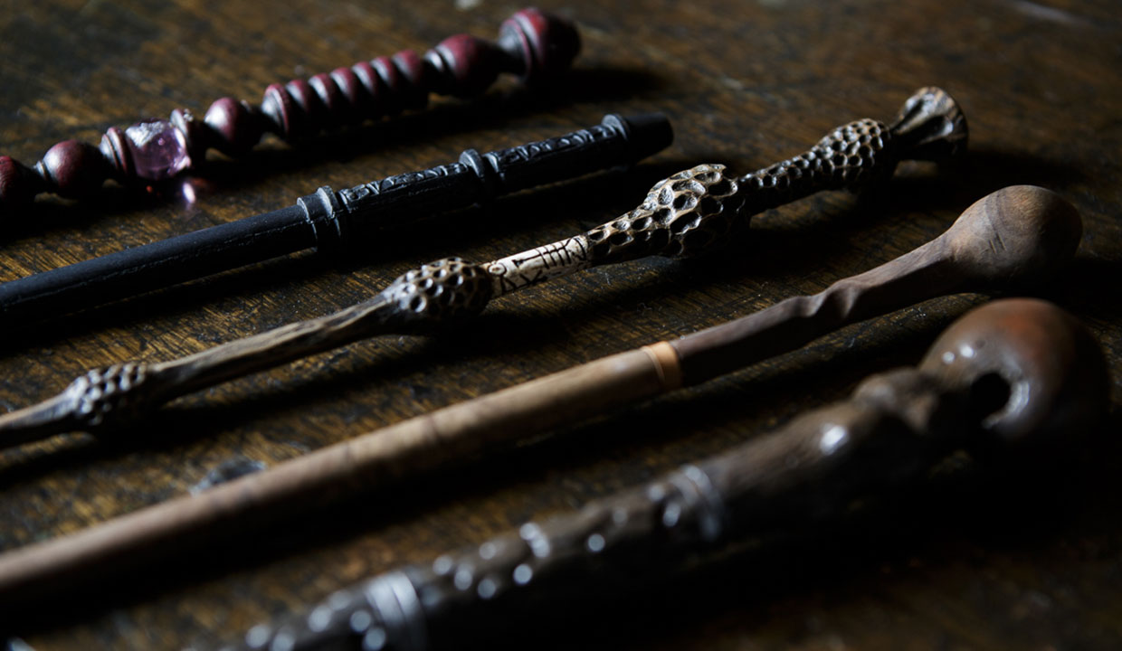 Film prop wands displayed at Warner Bros. Studios Japan