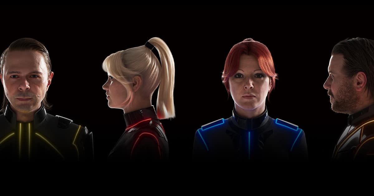 Four digital ABBA performers in stage costumes
