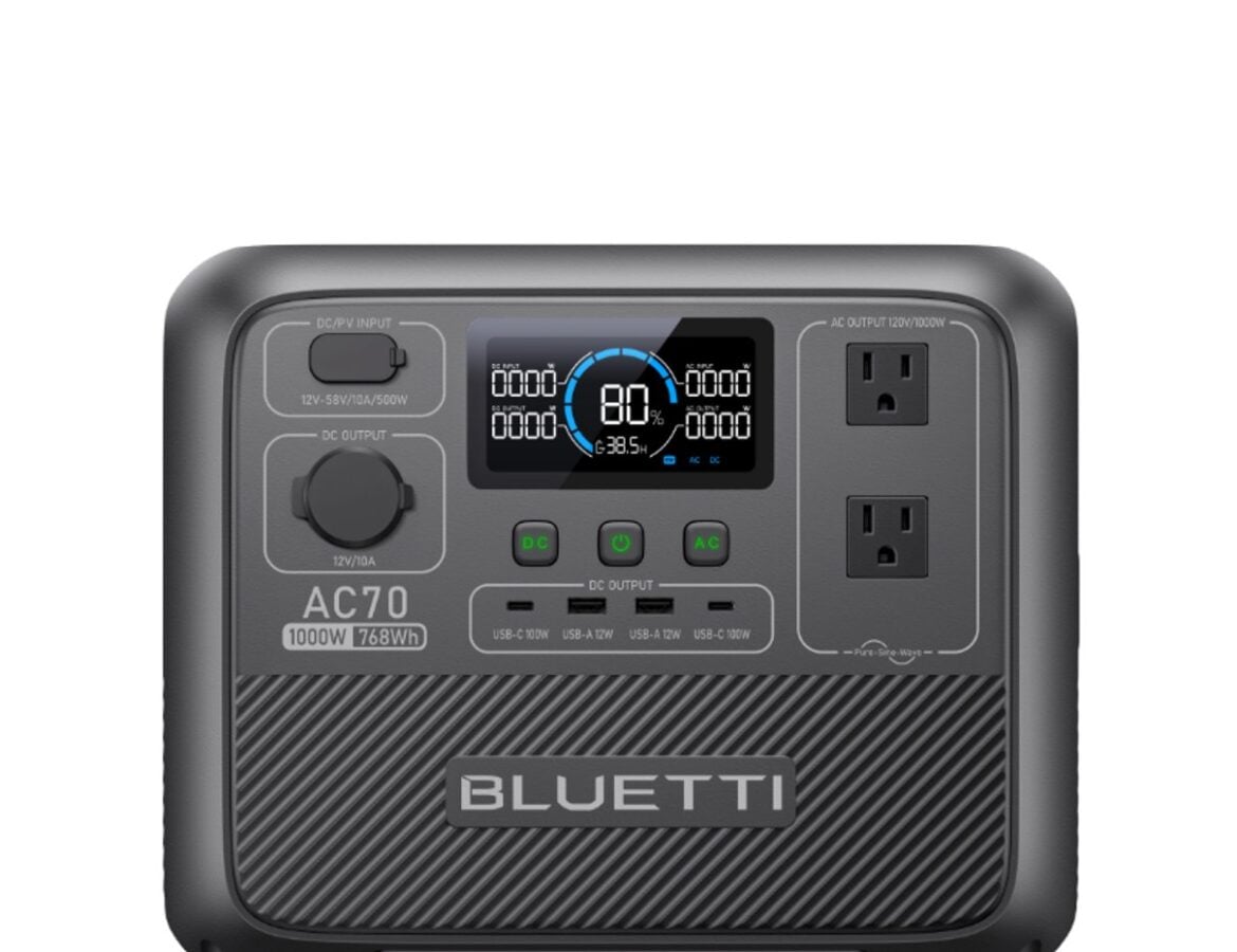 BLUETTI AC70 portable power station shown with its front display and outlets